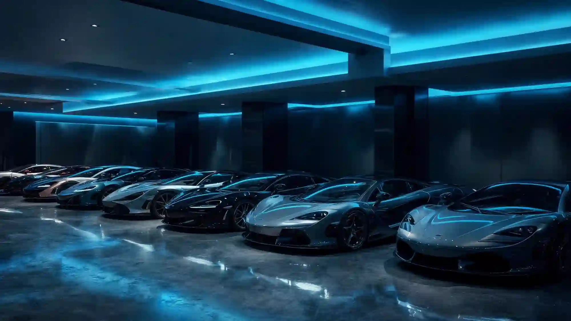 A collection of exotic cars in a moody blue-lit private showroom