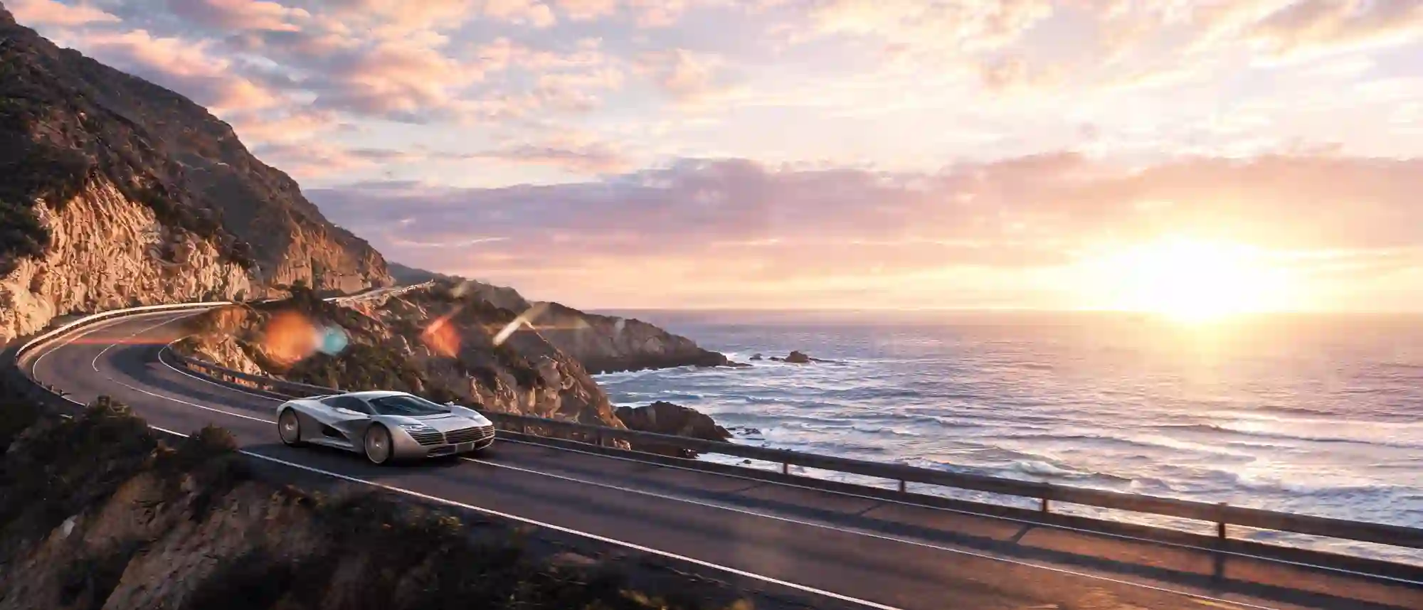 An exotic car on the coast at golden hour