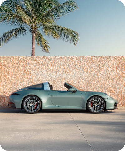 Green Porsche Targa in full side profile beside a palm tree